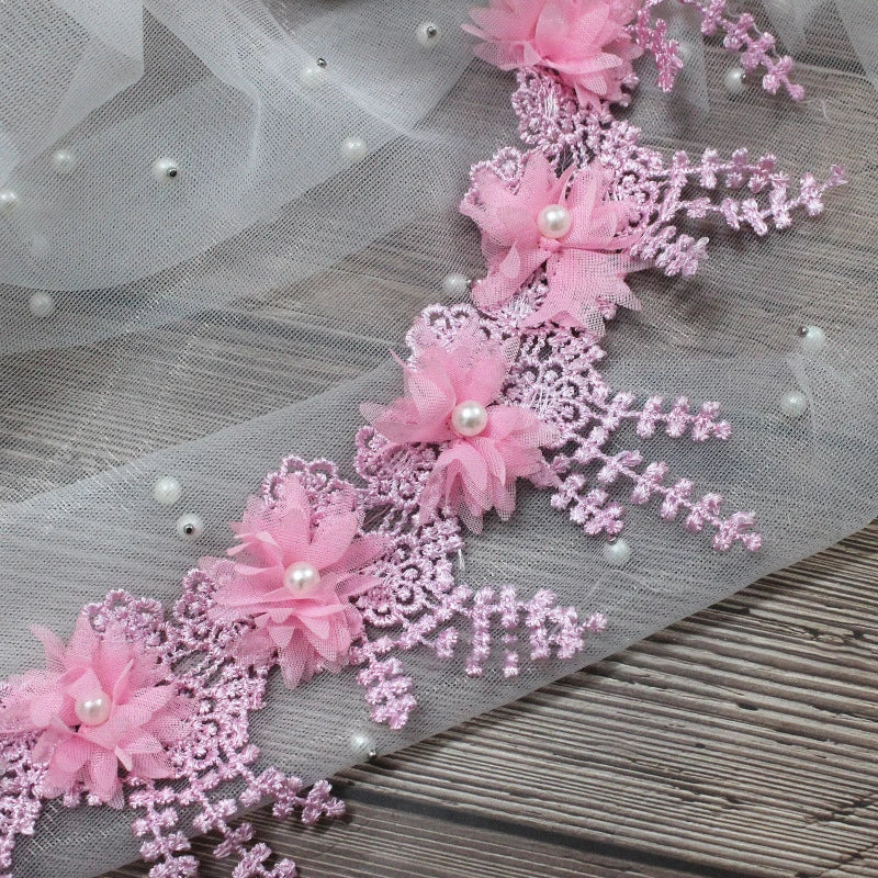 1 Yard Multi-Color Exquisite Rose Lace Fabrics Flower Pearl Wedding Party Decoration Sewing Lace Ribbon DIY Craft 8.5CM Wide