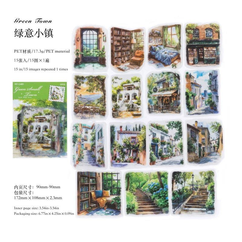 15 pcs Large size Street Walk Landscape Sticker Pack Junk Journal DIY Scrapbooking School Supplies Collage Stationery Stickers