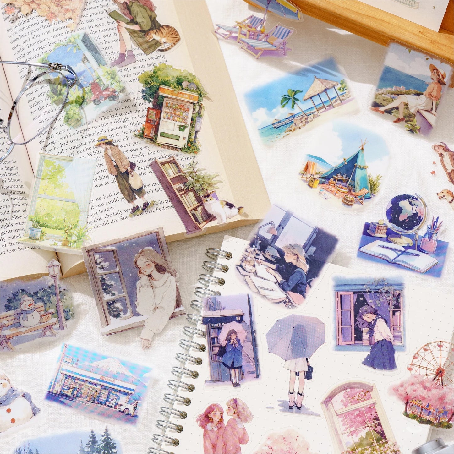 JIANQI 40 Pcs Four Seasons Scenery Stickers PET Transparent Decorative Collage Junk Journal DIY Scrapbooking Supplies