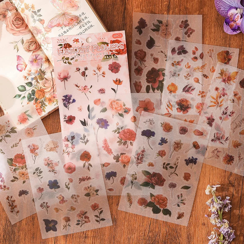 JIANQI 6 sheet Die cutting Flower Stickers Junk Journal Sticker Package DIY Diary Decoration Sticker Album Scrapbooking