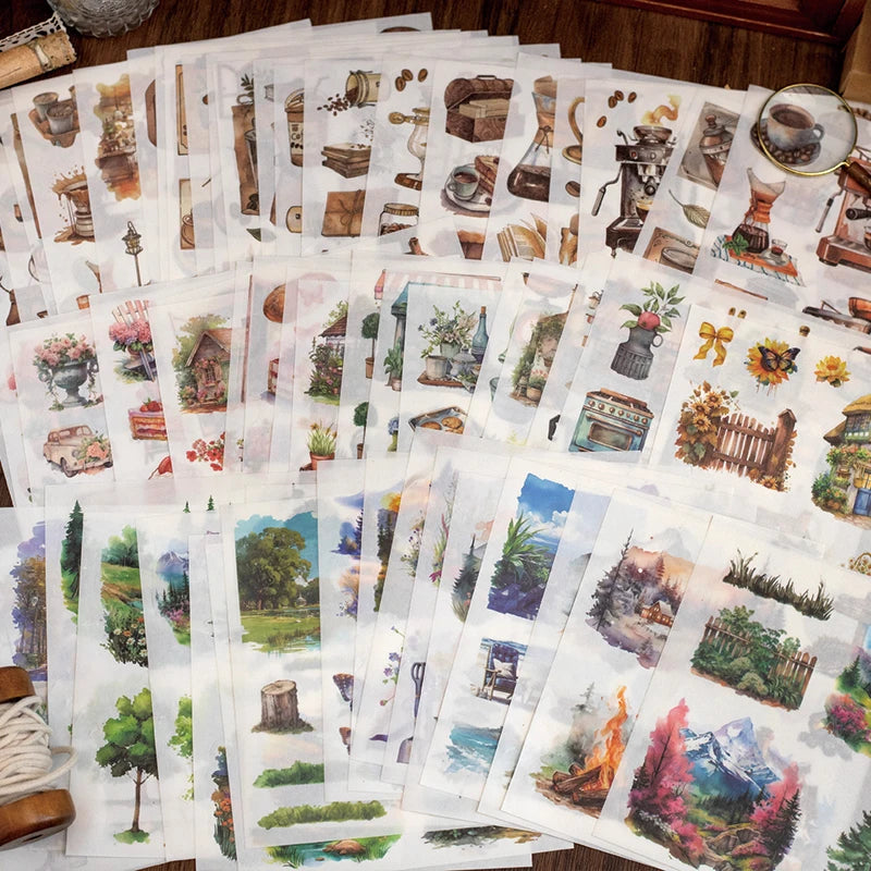 JIANQI 50pcs/book Light Retro Floral Plant Stickers Beautiful scenery Theme Double Material Handbook Backing Decal Stationery