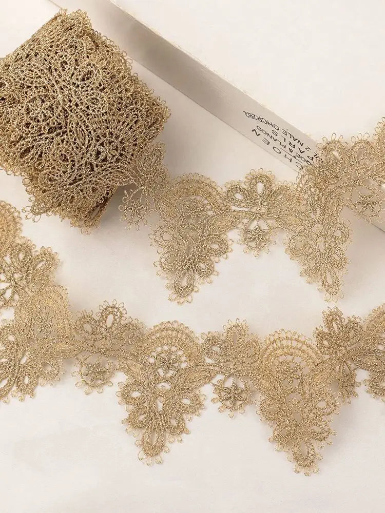 1 Yard Gold Lace Fabric Ribbon Metaillic Embroidery Lace for Sewing, Cake Fringe, Wedding Bridal Dress 5.5CM Wide