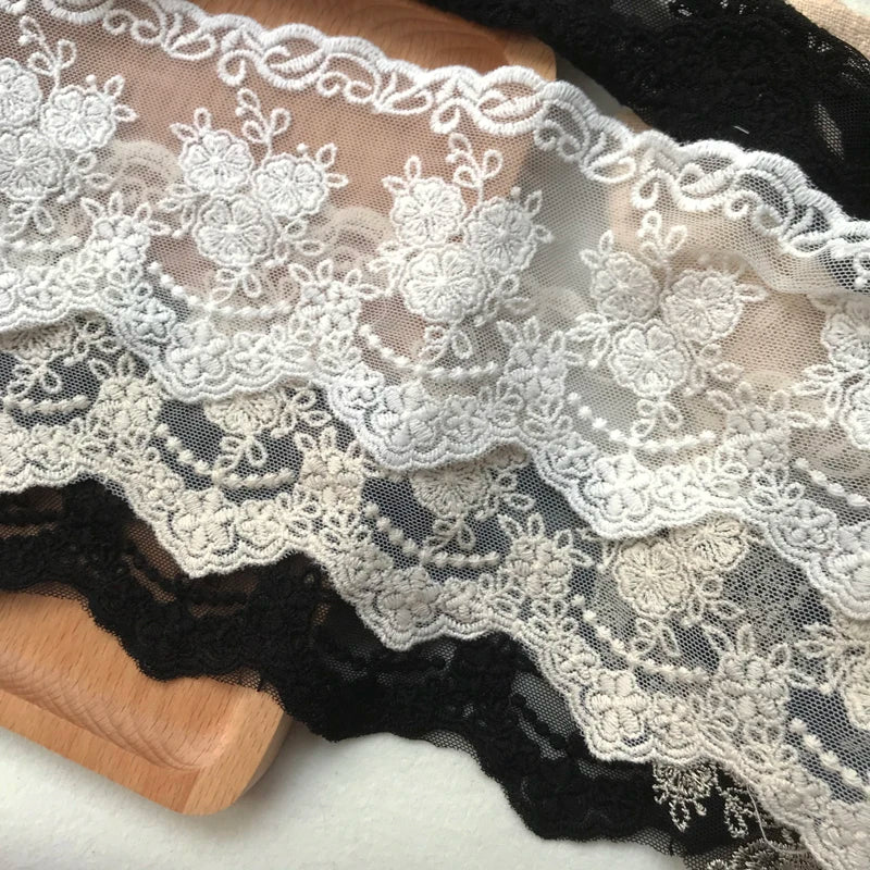 1 Yard Embroidery White Beige Black Cotton Lace Fabric For Dress Skirt Accessories 7.5CM Wide