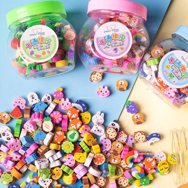 50pcs Cute Rubber Eraser Creative Animal Fruit Pencil Erasers Mini Kawaii Kids Writing Student Stationery Correction Supplies