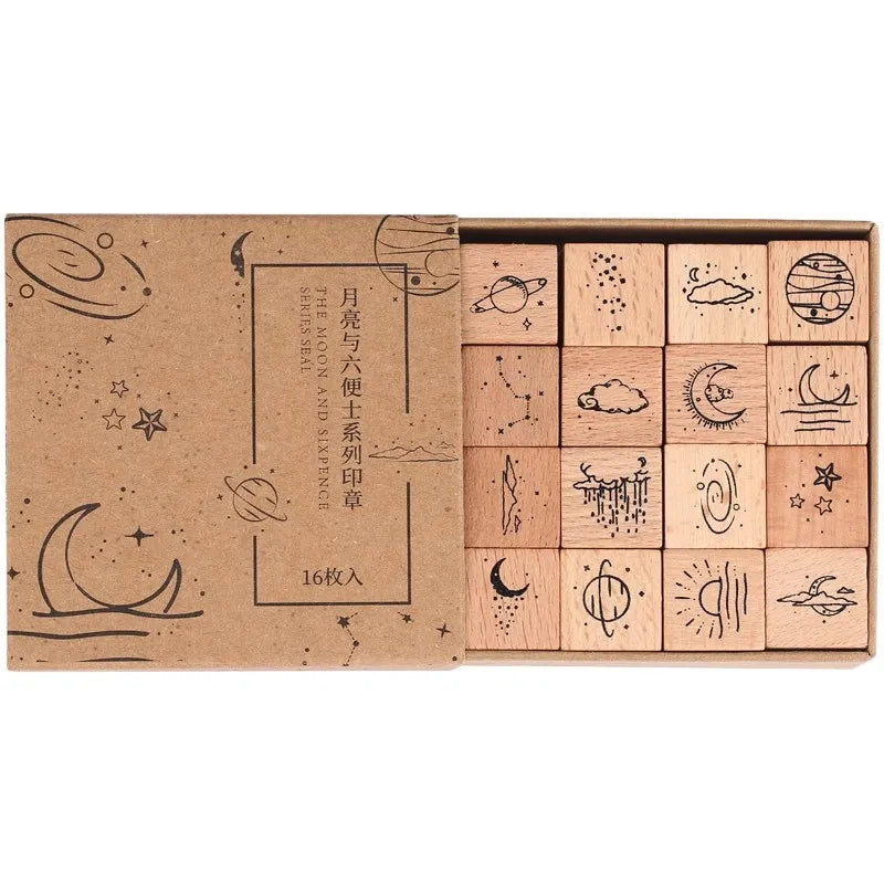 JIANQI16 pcs Moon Planet Star Weather Wooden Rubber Stamp Scrapbooking Deco DIY Craft Standard Wooden Stamps Set