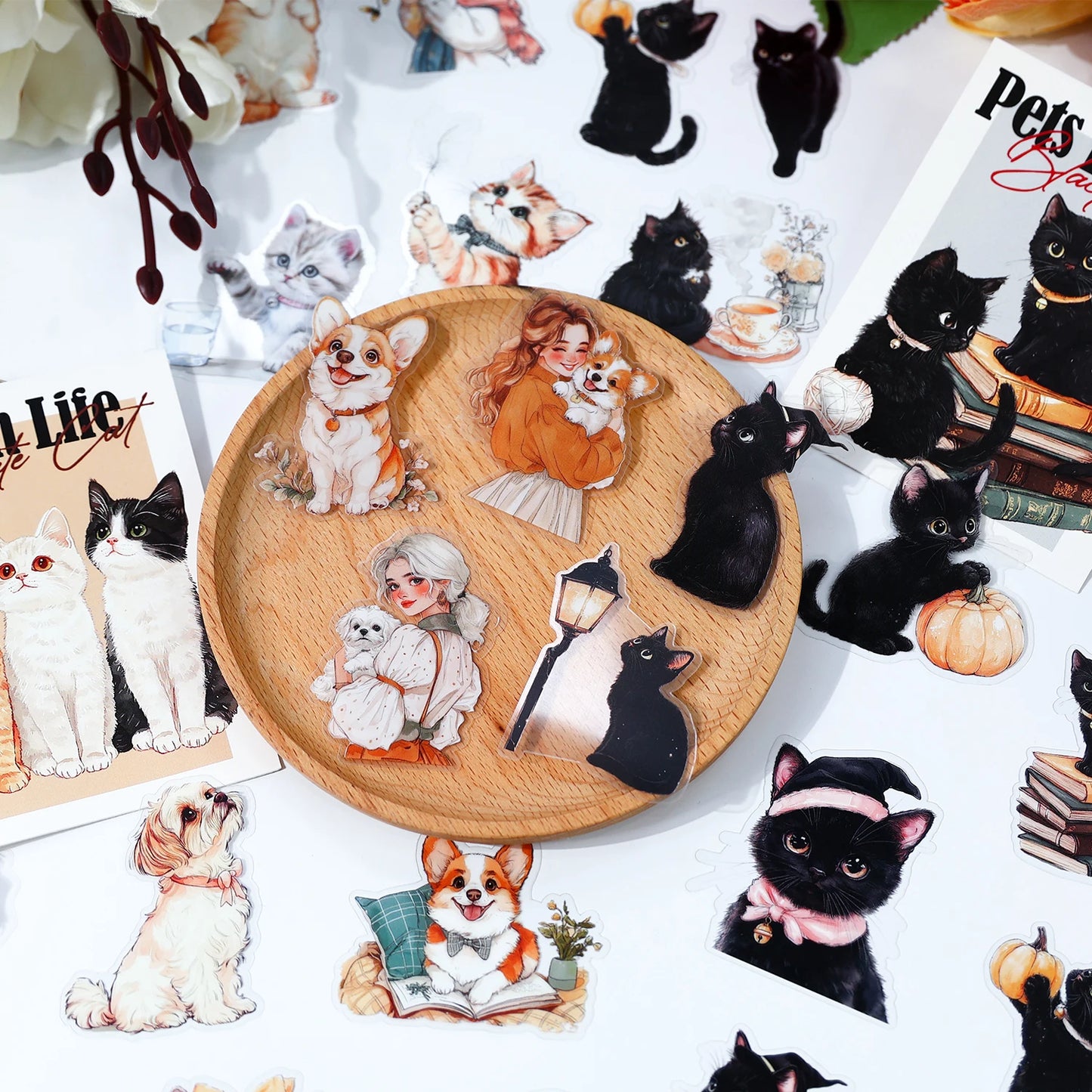 JIANQI 40 pcs PET Animal theme Stickers Cat dog girl Decorative handmade Scrapbooking Material Diary Album Craft Supplies