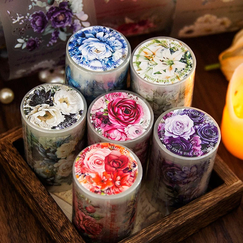 JIANQI 65mm*3m Flowers Tapes Waterproof PET Aesthetic Stationery DIY Scrapbooking Collage Junk Journal Craft Decor Tapes