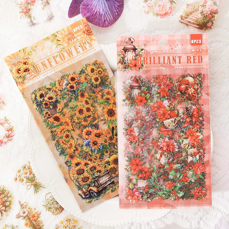 JIANQI 6 Sheets Flowers Stickers Die cutting PET Material DIY Scrapbooking Art Collage Stationery Planner Decor Diary Stickers