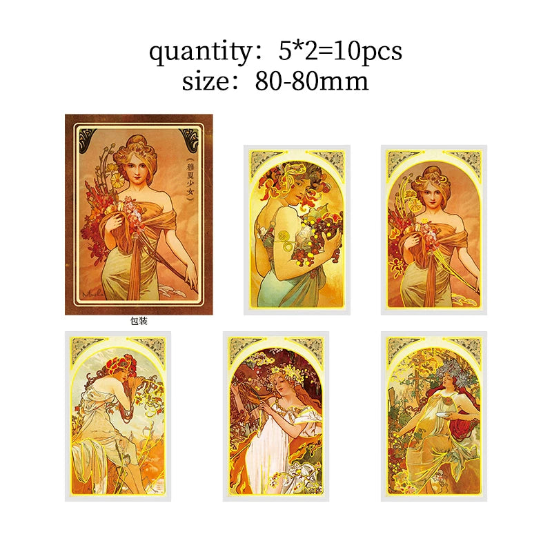 10 pcs Mucha theme Stickers pack Diy Decorative Scrapbooking Diary Album Stationery Collage material junk journal supplies
