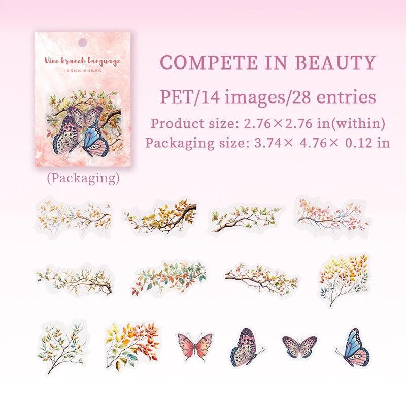 30pcs Butterfly branches leaves stickers PET Materials Collage Junk Journal DIY Scrapbooking Supplies Aesthetics Decor Sticker