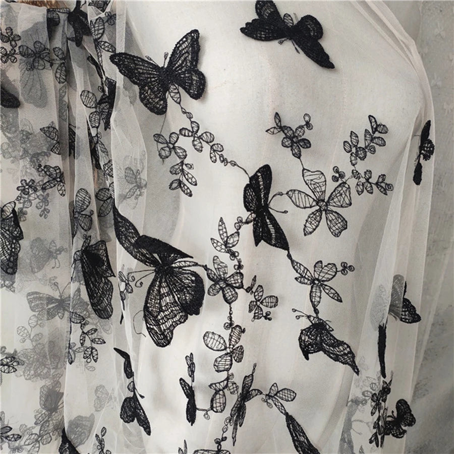 1 Yard Black and White Butterfly Flower Embroidery Lace Chiffon Fabric Clothing Wedding Dress DIY Craft Decoration 150CM