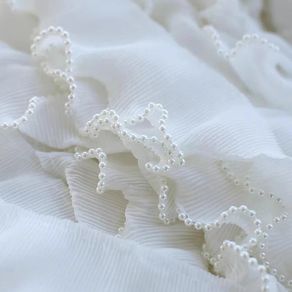 1 Yard Embroidery Lace Fabric White Black Flower Pearl Beads Trim Ribbon DIY Clothing Home Elastic Sewing Ruffle Applique Craft