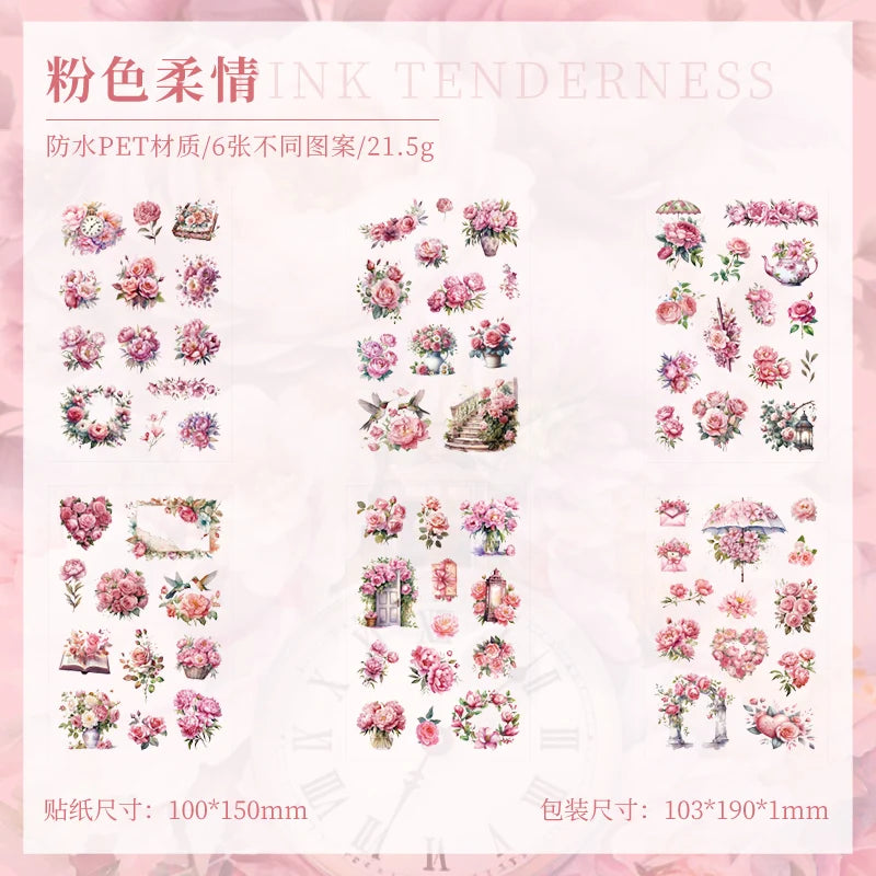 JIANQI 6 Sheets Flowers Stickers Die cutting PET Material DIY Scrapbooking Art Collage Stationery Planner Decor Diary Stickers