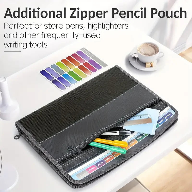Accordion File Organizer with Safe Zipper, 13 Pocket Expanding File Folder with Front Pencil Pouch, School Office Supplies