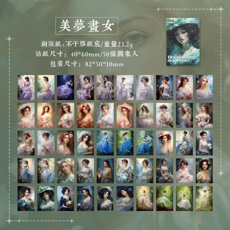 JIANQI 50pcs Ins Style Retro girl Series Frame Sticker Creative Mini Pocket Decoration DIY Material Stickers