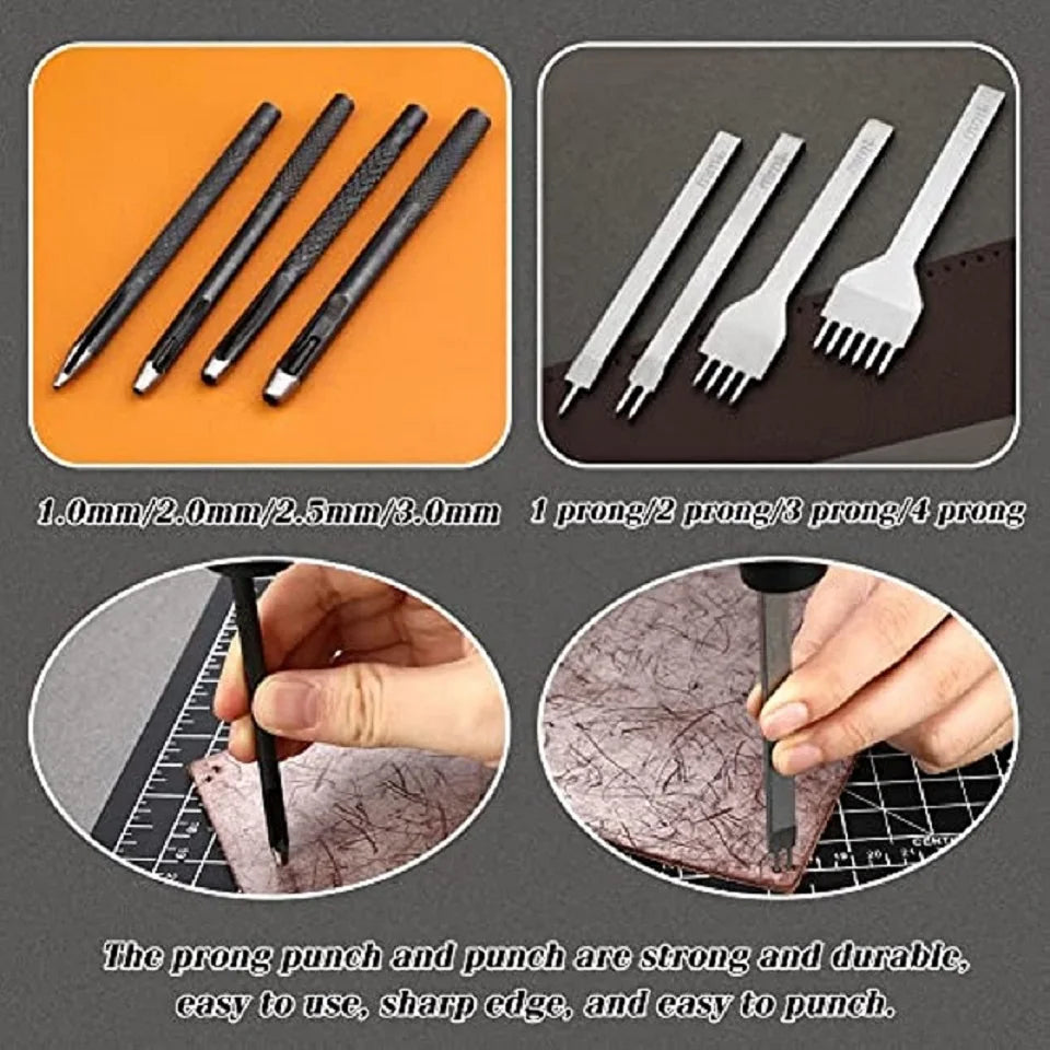 52Pcs/set Leather Sewing Tools Kit DIY Leather Craft Tools Hand Stitching Tool Set with Groover Awl Waxed Thread Thimble