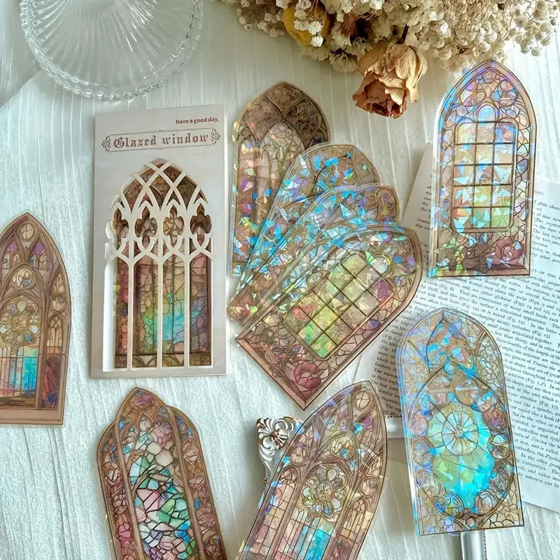 10 sheets Laser gilding PET Stickers lattice window theme Adhesive Diy Stickers pack Creativity Decorative Scrapbooking material