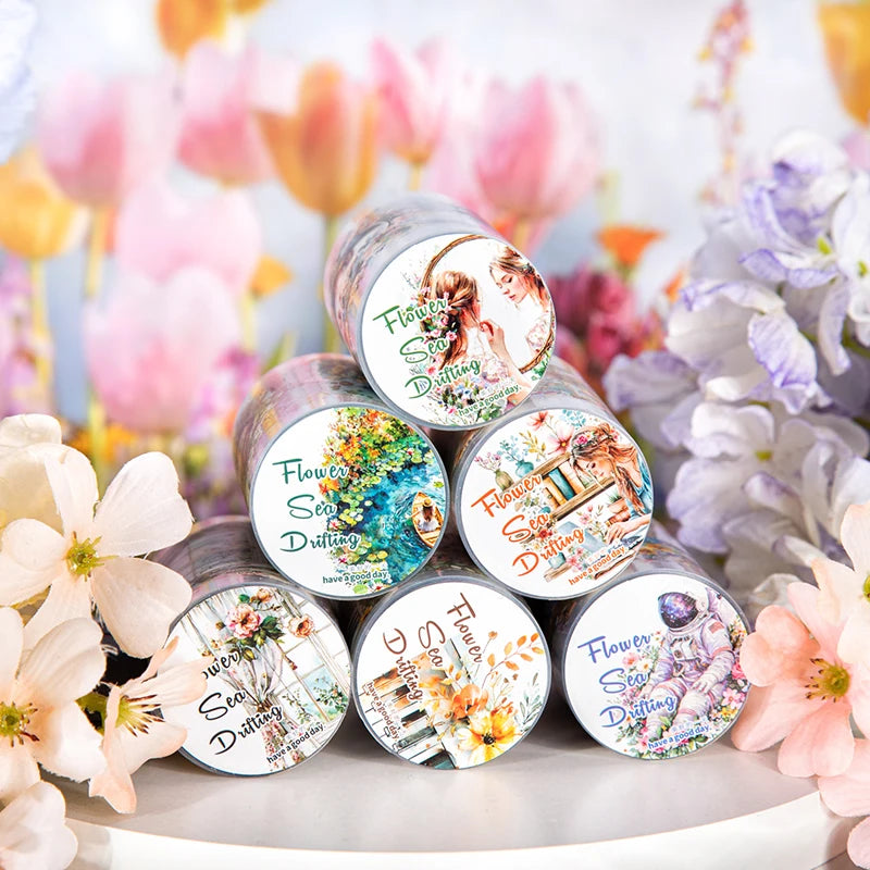 JIANQI 60mm*2m Tapes Flower Sea Drifting DIY Scrapbooking Decor Photo Album Collage Junk Journal Materials Aesthetics Stickers