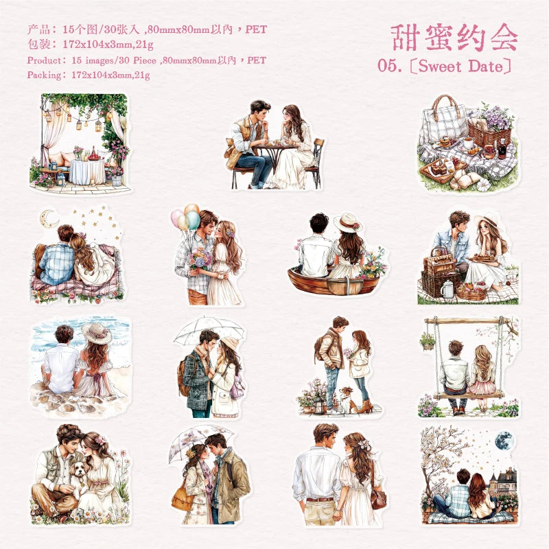 JIANQI 30 pcs PET Large size Stickers Lover Love Decorative handmade Scrapbooking Material Diary Album Craft Supplies