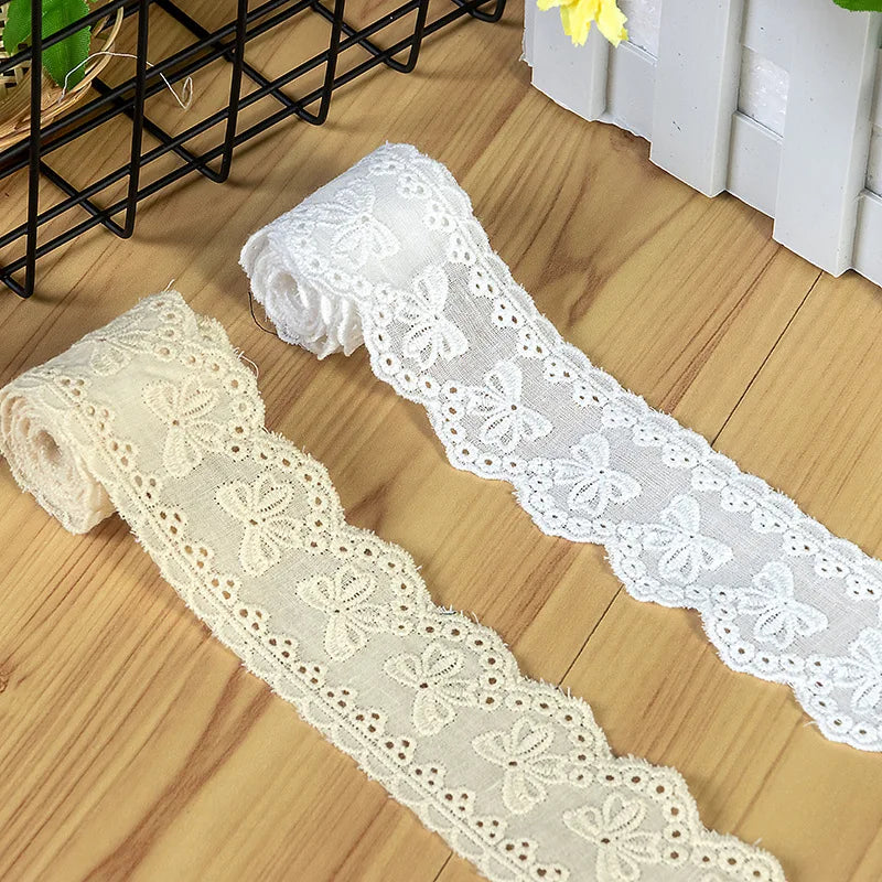 2 Yards White Beige Embroidery Bow Hollow Out Lace Fabric Wedding Home Decor Handmade Sewing Trim DIY Crafts