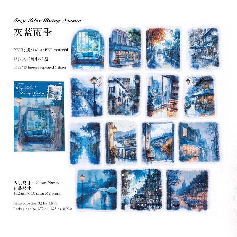 15 pcs Large size Street Walk Landscape Sticker Pack Junk Journal DIY Scrapbooking School Supplies Collage Stationery Stickers