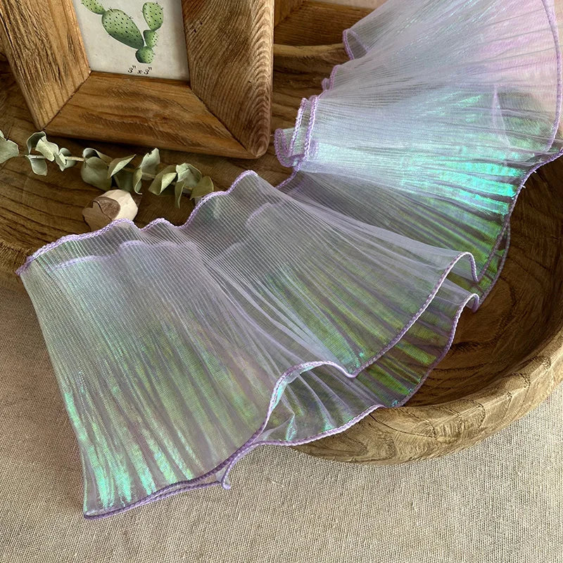 1 Yard Blue Lace Fabric Pleated Mermaid Effect Laser Neon Luster For Women Dress 15CM Wide