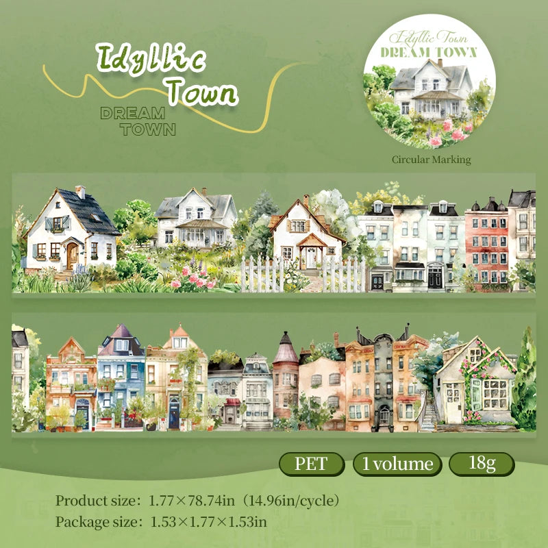 JIANQI 45mm*2m PET Tapes Dream Town House DIY Scrapbooking Decor Photo Album Collage Junk Journal Materials Aesthetics Stickers