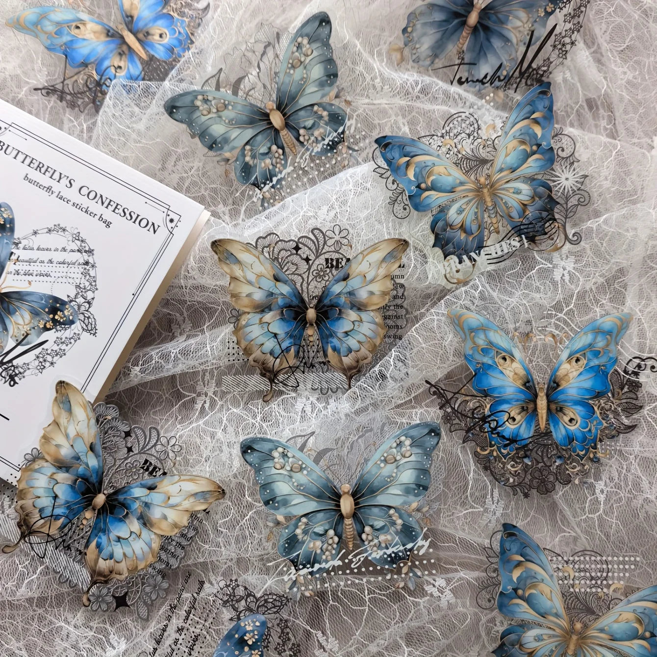 10 Pcs Vintage Butterfly Lace Stickers PET Material Creative DIY Journal Collage Journaling Supplies Scrapbooking Stickers