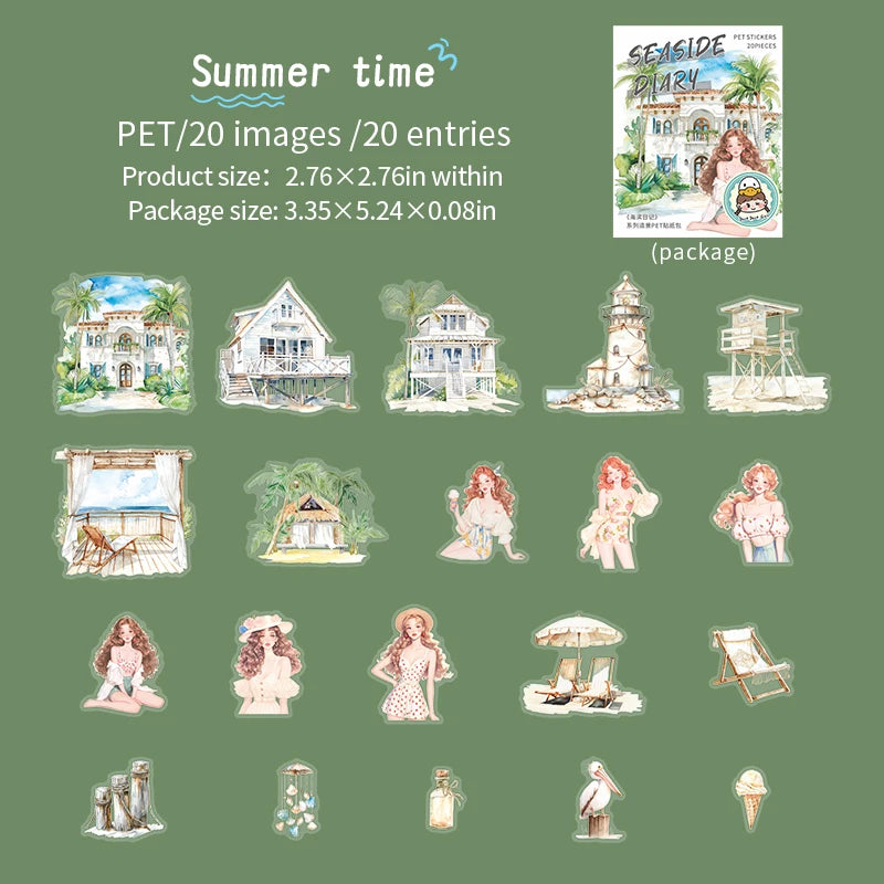 JIANQI 20pcs/pack Seaside girl PET Stickers DIY Scrapbooking Decor Photo Album Creative Stationery Collage Materials Stickers