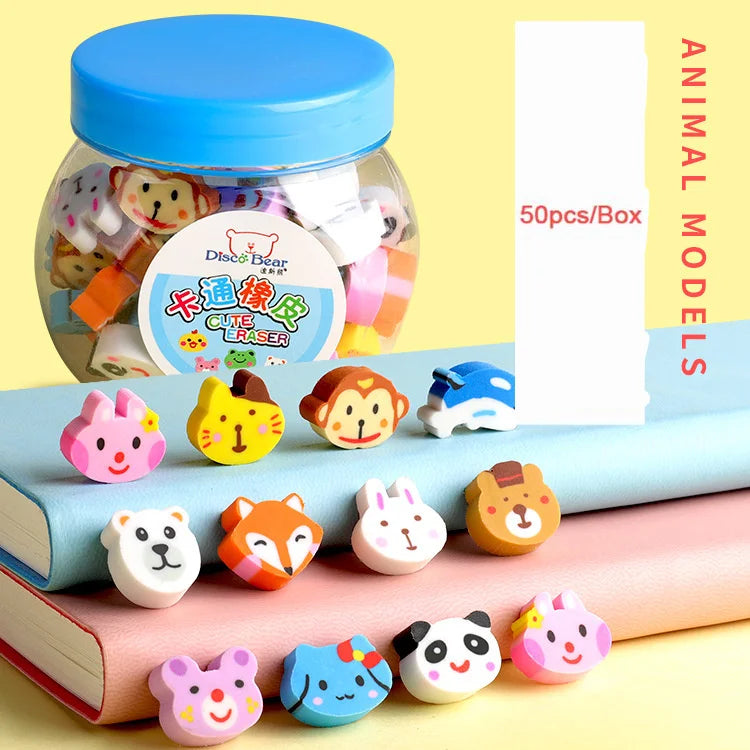 50pcs Cute Rubber Eraser Creative Animal Fruit Pencil Erasers Mini Kawaii Kids Writing Student Stationery Correction Supplies