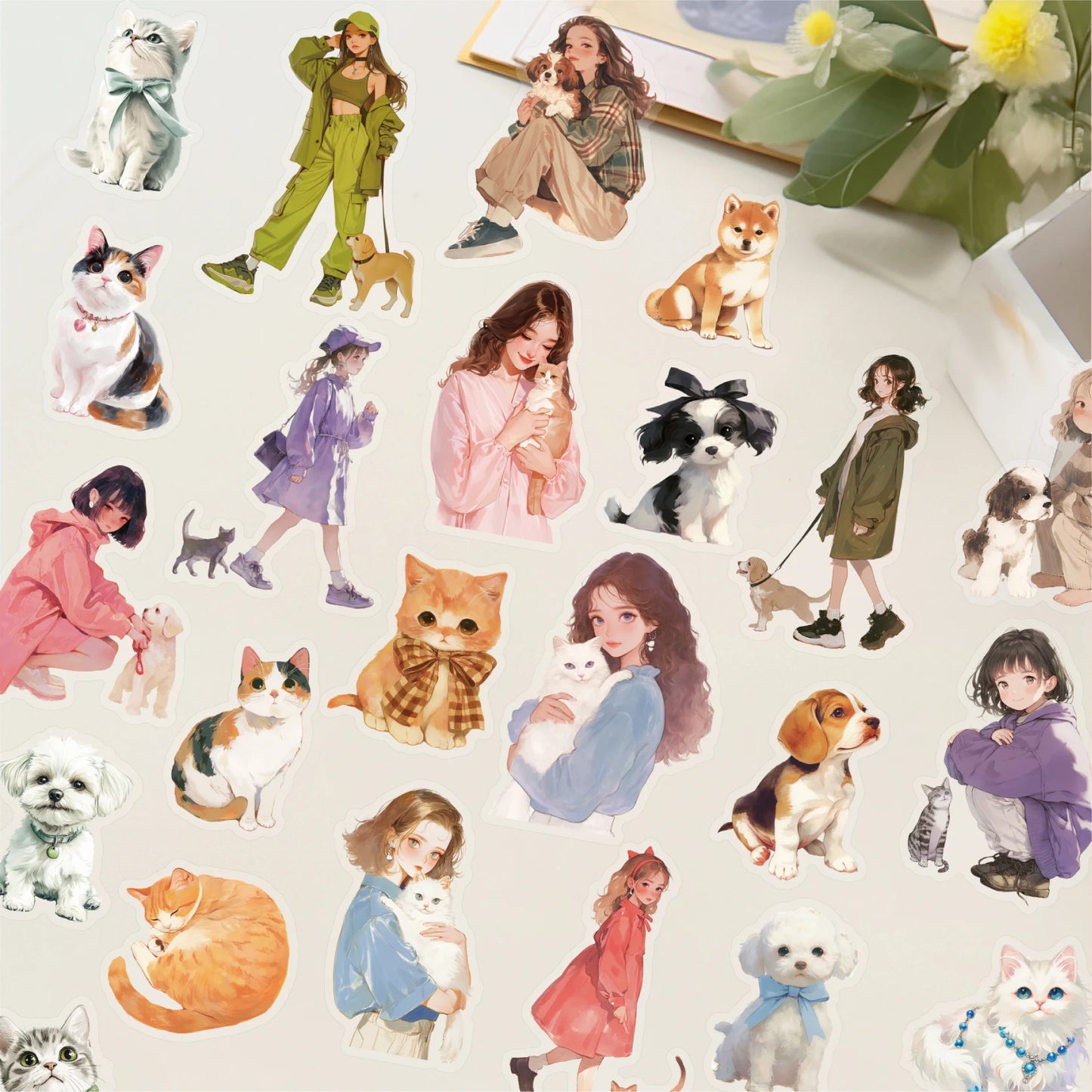 JIANQI 30 pcs PET Animal theme Stickers Cat dog girl Decorative handmade Scrapbooking Material Diary Album Craft Supplies