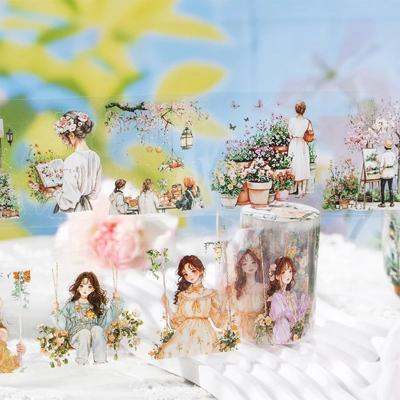 JIANQI 60mm*2m PET Garden Girl Tape DIY Scrapbooking Decor Photo Album Collage Junk Journal Materials Planner Aesthetic Tapes
