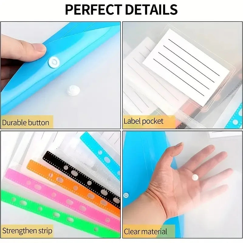 6pcs A4 High-Capacity Loose-Leaf File Bags with 11-Hole Binding Rings, Modern PP Material, Expandable Button and Label Pockets
