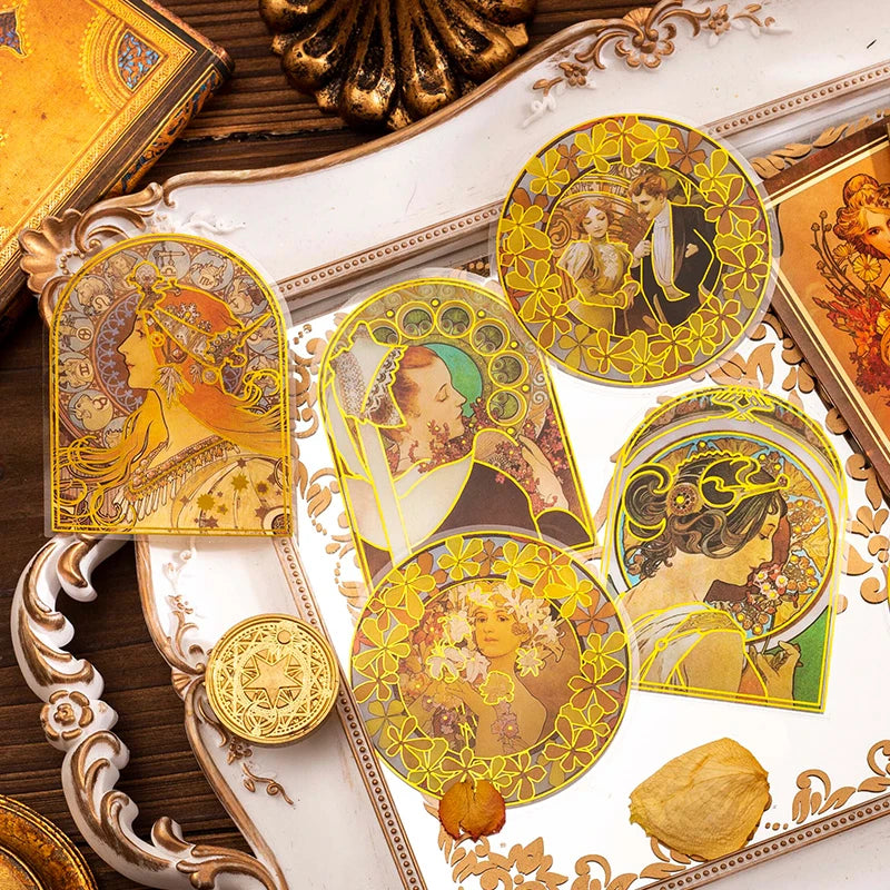 10 pcs Mucha theme Stickers pack Diy Decorative Scrapbooking Diary Album Stationery Collage material junk journal supplies