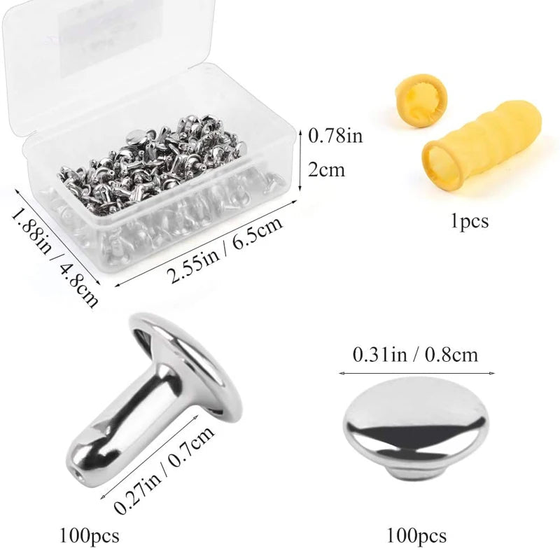 100Set/Box Leather Rivet Studs Double Cap Metal Rivets with Plastic Box Finger Cot for Leather Crafts Repairs Decoration