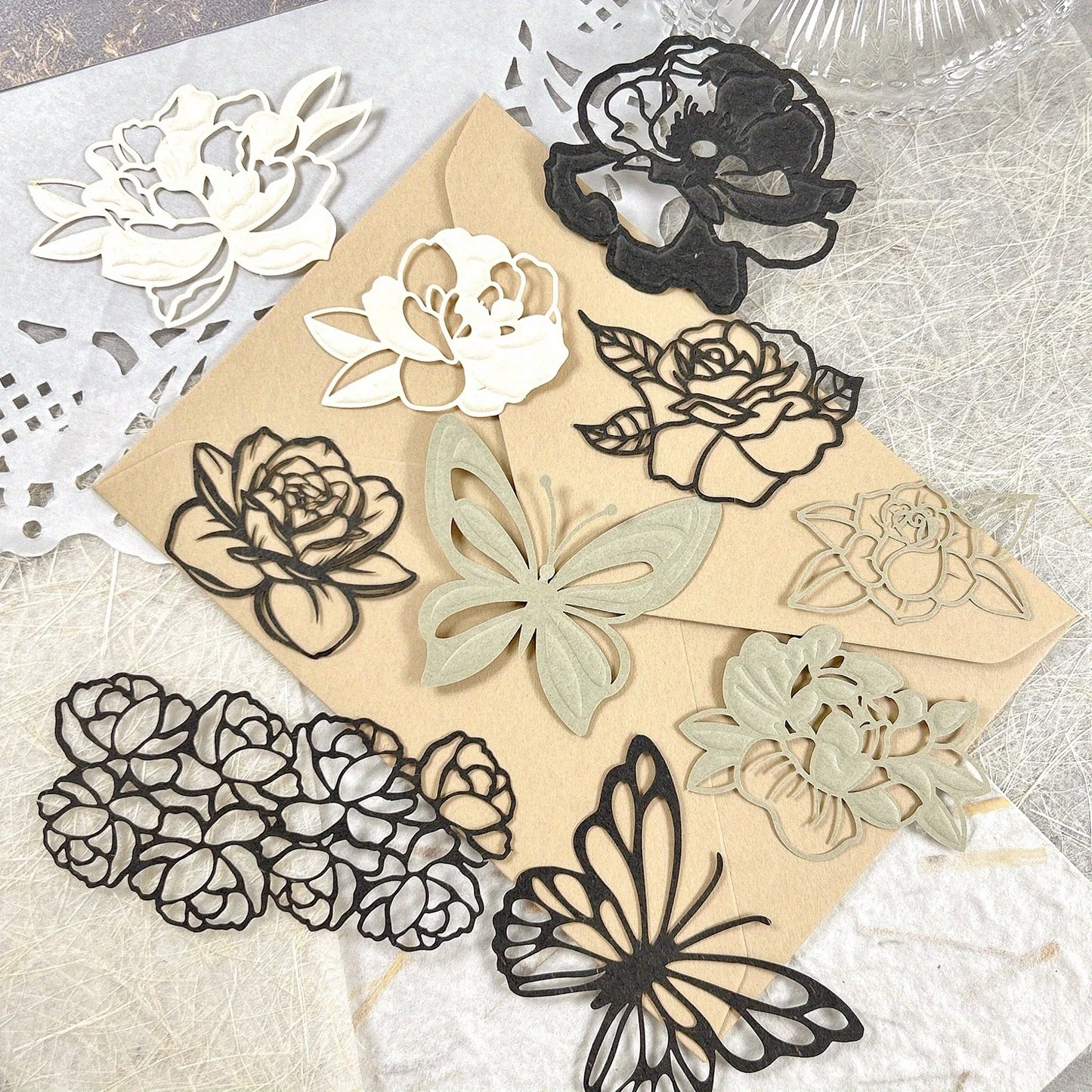 10 pcs Hollow out Butterfly Lace Flower Retro Hand Account DIY Material Decorative Diary Junk Journal Supplies Scrapbooking