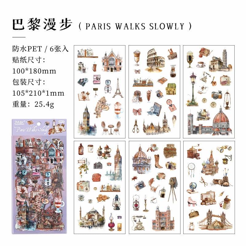 JIANQI 6pcs Literary Retro Stickers PET Materials DIY Scrapbooking Art Collage Stationery Planner Decor Diary Stickers