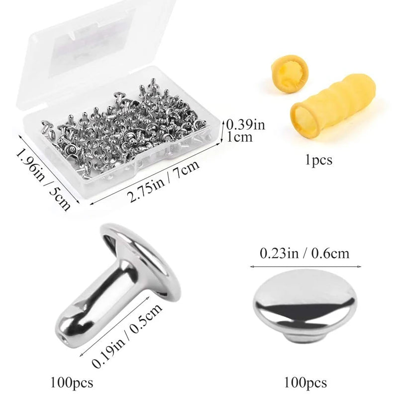 100Set/Box Leather Rivet Studs Double Cap Metal Rivets with Plastic Box Finger Cot for Leather Crafts Repairs Decoration