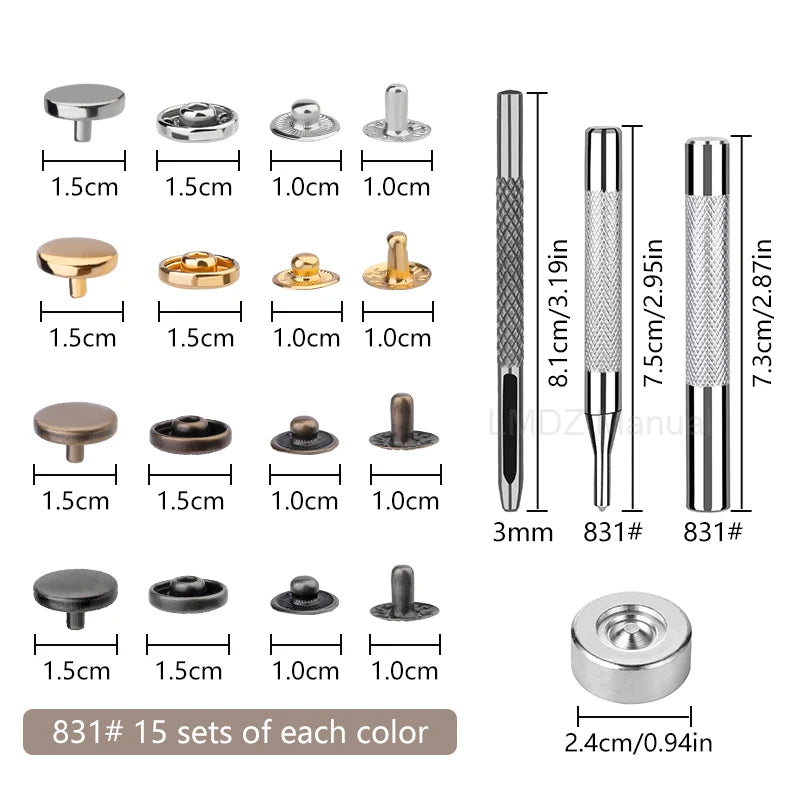 Leathercraft Metal Snaps for Clothes Garment Fasteners Button Snap Press Studs with Installation Tools Kits for Shoes