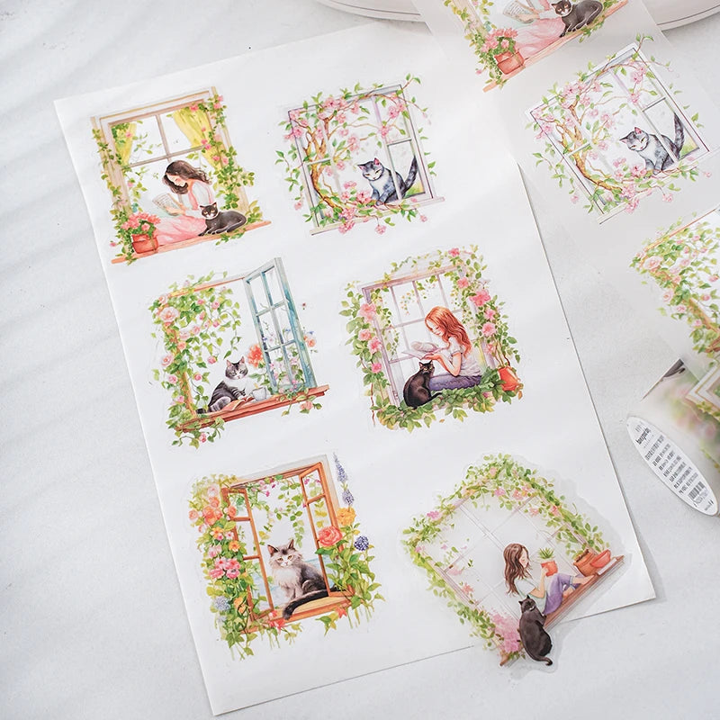 JIANQI 60mm*2m Decor Scrapbook Adhesive Tapes Window sill girl PET Tapes Masking Tapes stickers Aesthetic Stationery Supplies