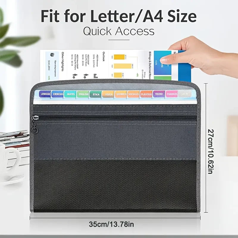 Accordion File Organizer with Safe Zipper, 13 Pocket Expanding File Folder with Front Pencil Pouch, School Office Supplies