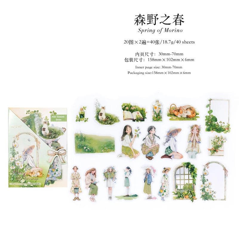JIANQI 40pcs Four Seasons Girls Stickers Aesthetic Landscape Decor Scrapbook Diary Album Collage material junk journal supplies