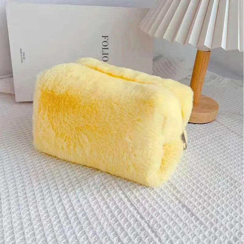 Zipper Large Solid Color Cosmetic Bag Cute Fur Makeup Bag for Women Travel Make Up Toiletry Bag Washing Pouch Plush Pen Pouch