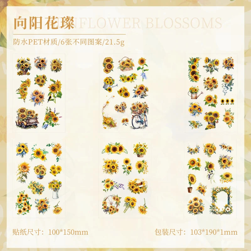JIANQI 6 Sheets Flowers Stickers Die cutting PET Material DIY Scrapbooking Art Collage Stationery Planner Decor Diary Stickers