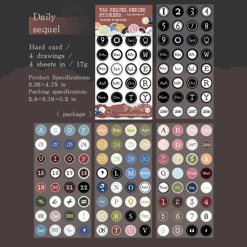 JIANQI 4pcs/pack Retro label alphanumeric Stickers DIY Scrapbooking Art Collage Stationery Planner Decor Diary Sticker