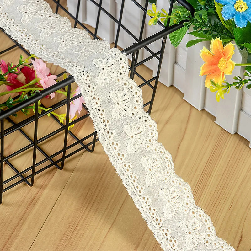 2 Yards White Beige Embroidery Bow Hollow Out Lace Fabric Wedding Home Decor Handmade Sewing Trim DIY Crafts