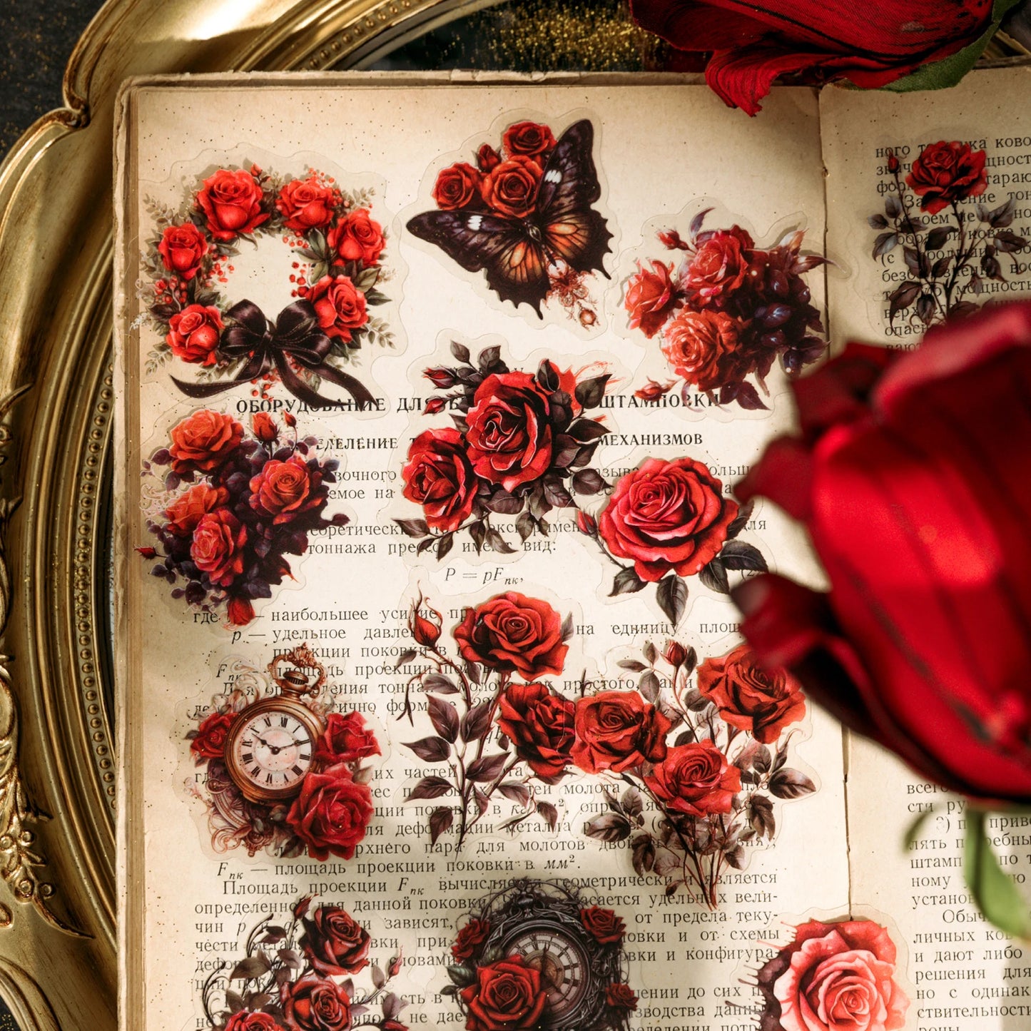 40 Pcs PET Multiple Roses Patterns Stickers Transparent Deco Decals For Scrapbooking Stick Labels Junk Journal Supplies