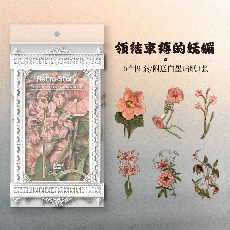 6pcs Large size Plant Flowers PET Stickers aesthetic Stick Labels Decorative Scrapbooking Collage material junk journal supplies
