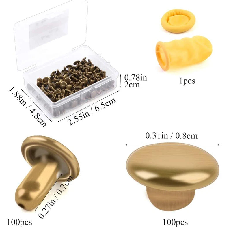 100Set/Box Leather Rivet Studs Double Cap Metal Rivets with Plastic Box Finger Cot for Leather Crafts Repairs Decoration