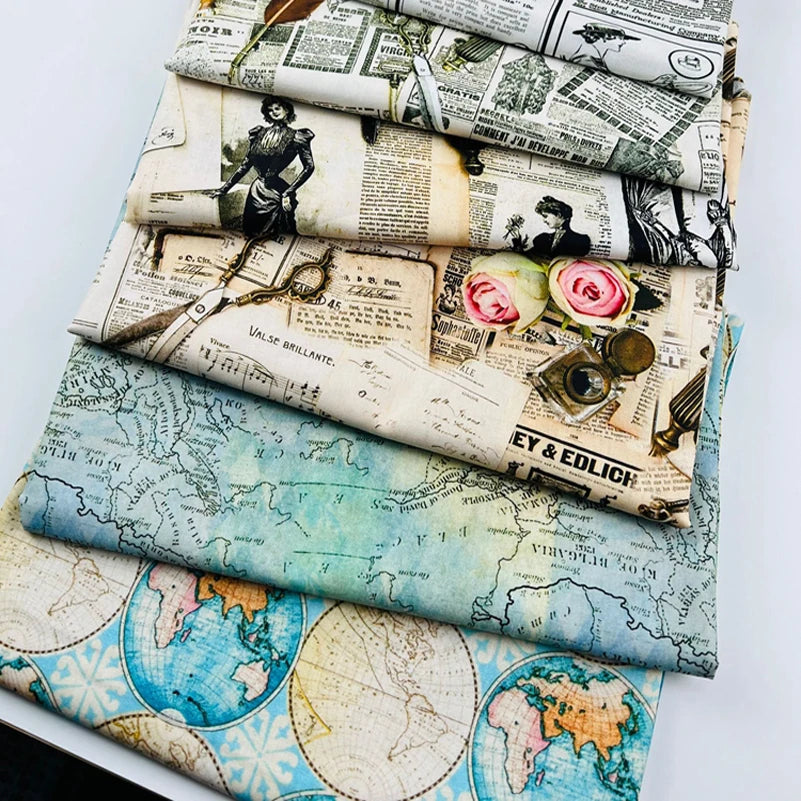 Newspaper Fabric Map Retro Vintage Digital Printed for Handmade DIY Sewing Accessories